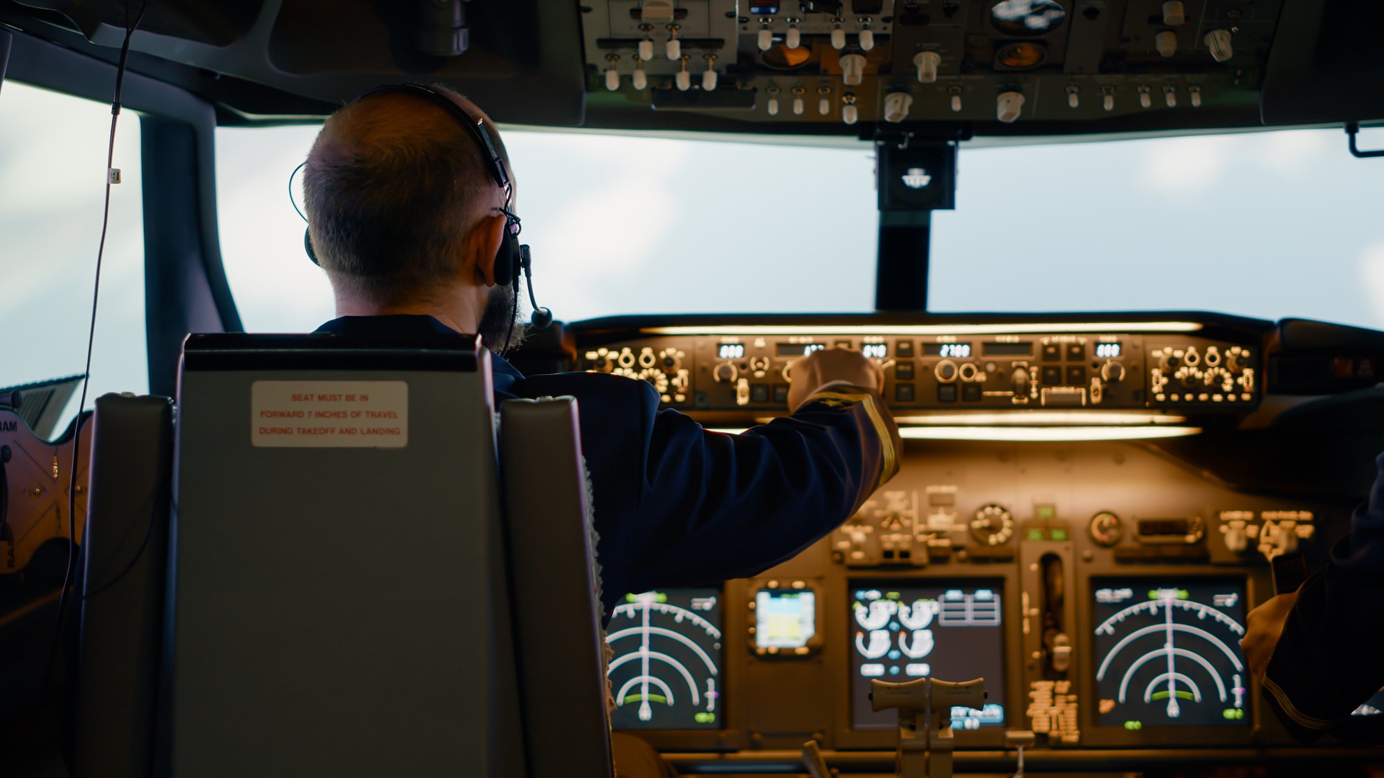 male-airline-captain-fixing-altitude-longitude-buttons-using-dashboard-navigation-command-control-panel-flying-airplane-with-aircrew-radar-compass-power-engine-windscreen